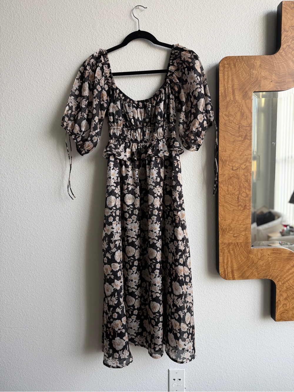 moodie Black Midi Dress with Beige Floral Print